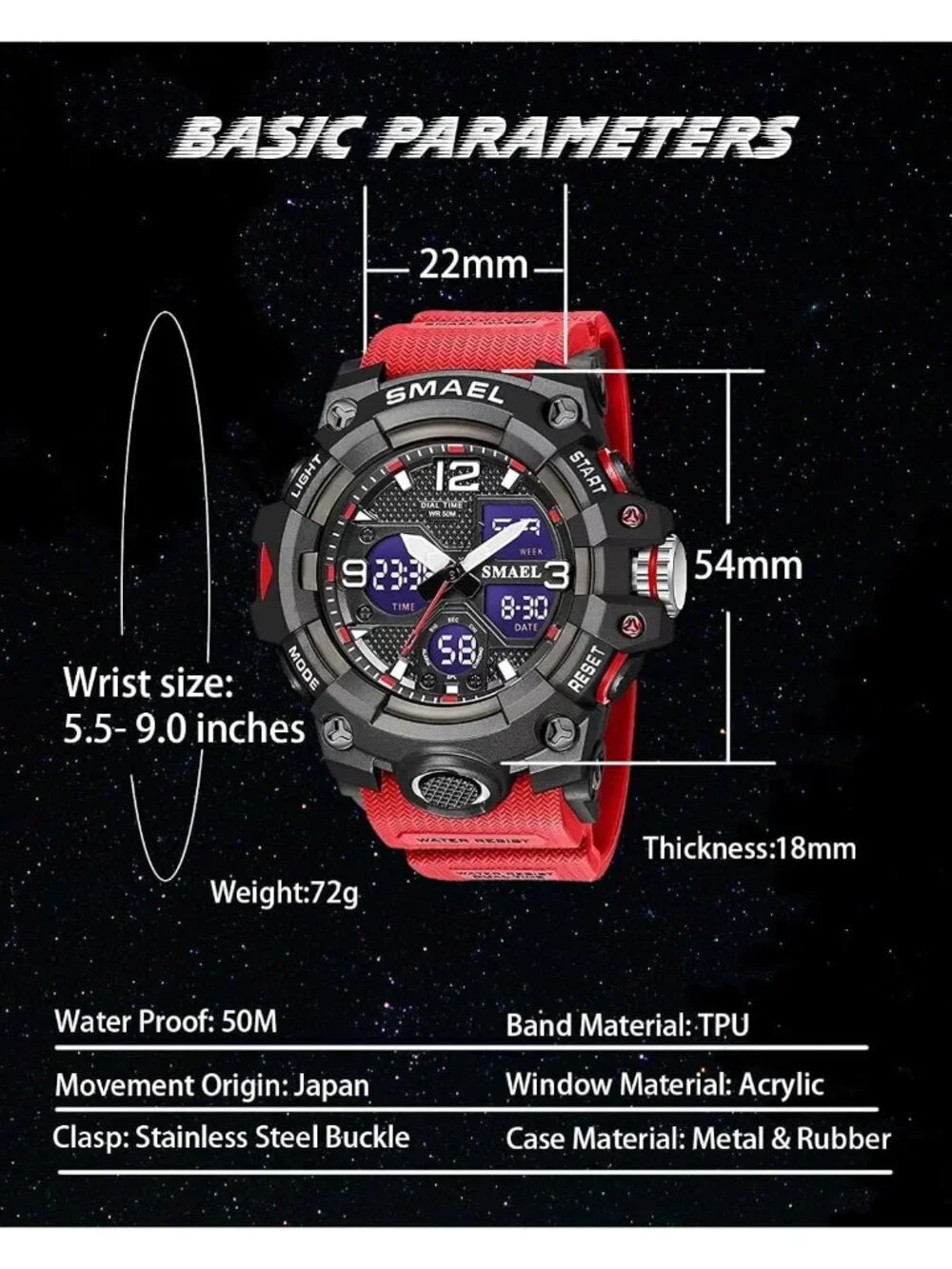 Mens Black Red Analog Quartz S-Shock Waterproof Outdoor Sports LED Digital Watch
